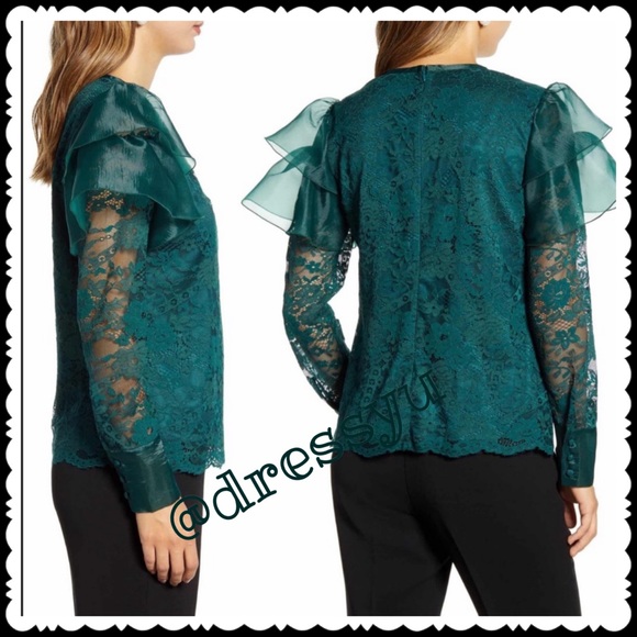 RACHEL PARCELL JEWEL NECK EMERALD GREEN FLUTTER WING SATIN LK CUFF TOP L… - Picture 4 of 11